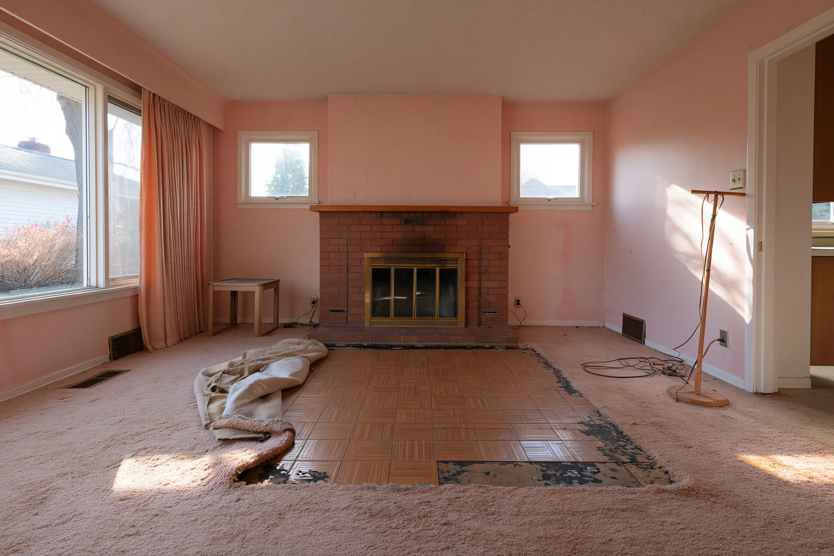 A 1960s living room with carpet pulled back to reveal 9-inch tiles and black adhesive underneath