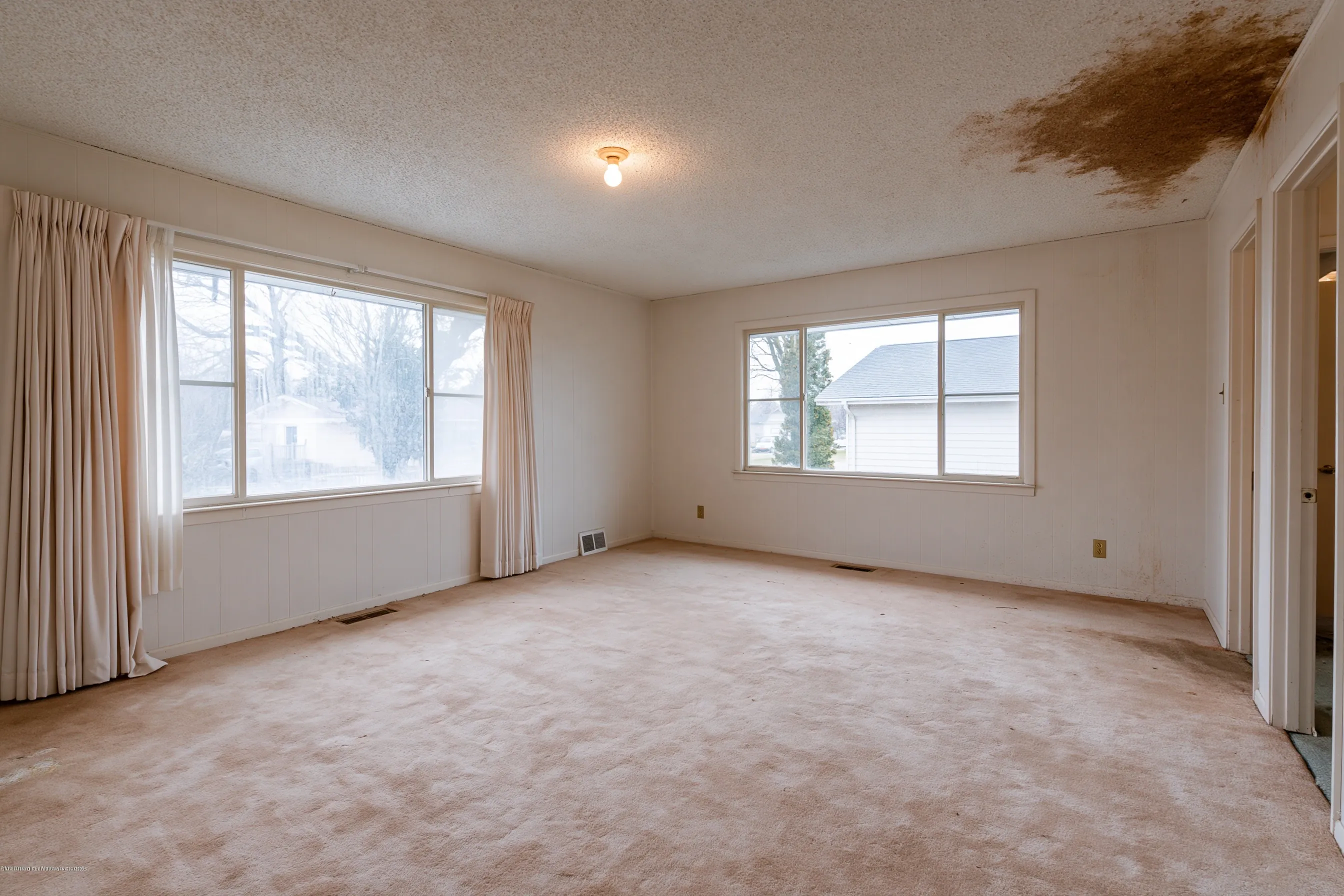 A 1970s bedroom with a popcorn ceiling marked by a brown water stain, room emptied